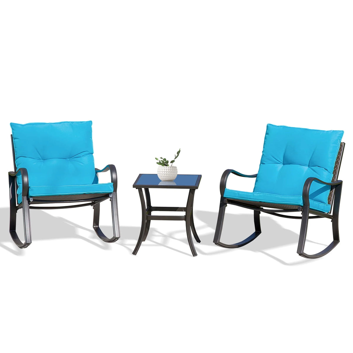 3 Pieces Bistro Set Rocking Chairs Cushion Glass Top Table Blue C70869