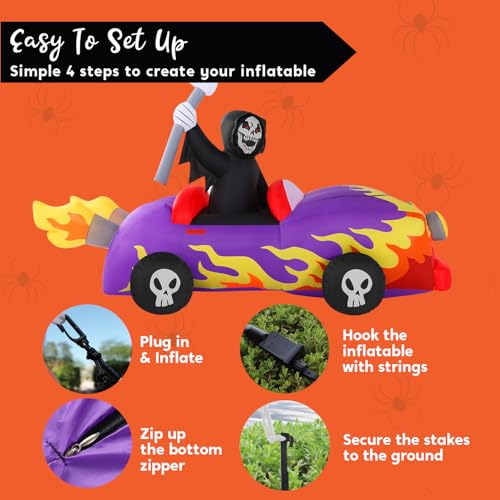 8ft Long Halloween Inflatable Grim Reaper Driving Car with Build-in LEDs H279023