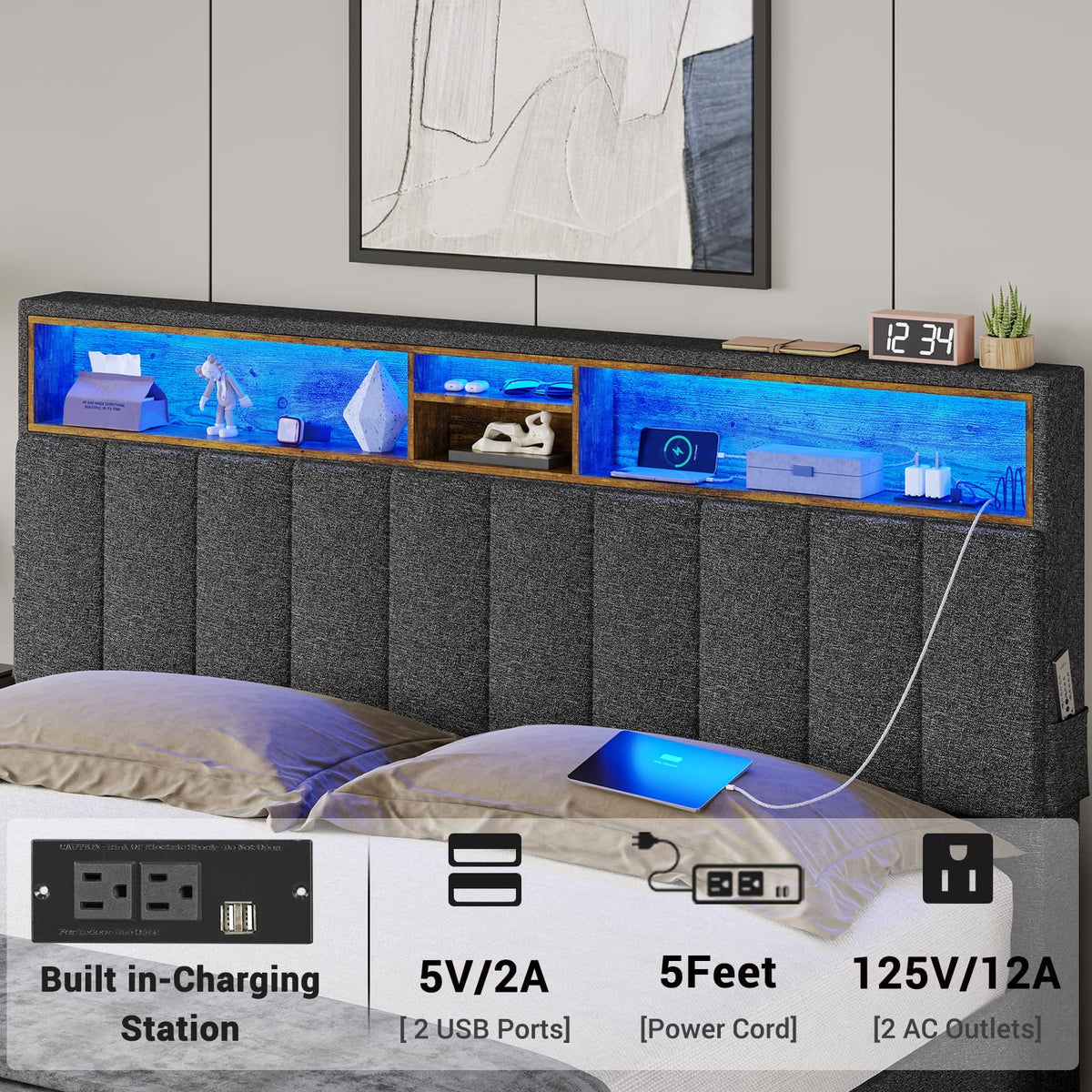 Queen Size LED Bed Frame with Outlet and USB Ports D1167