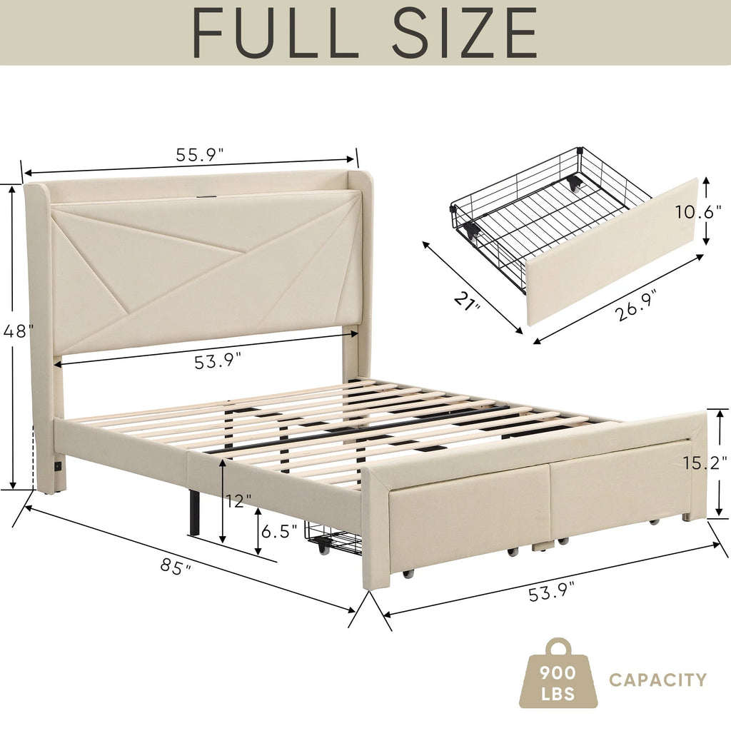 Beige Full Size Bed Frame with 2 Storage Drawers M3065