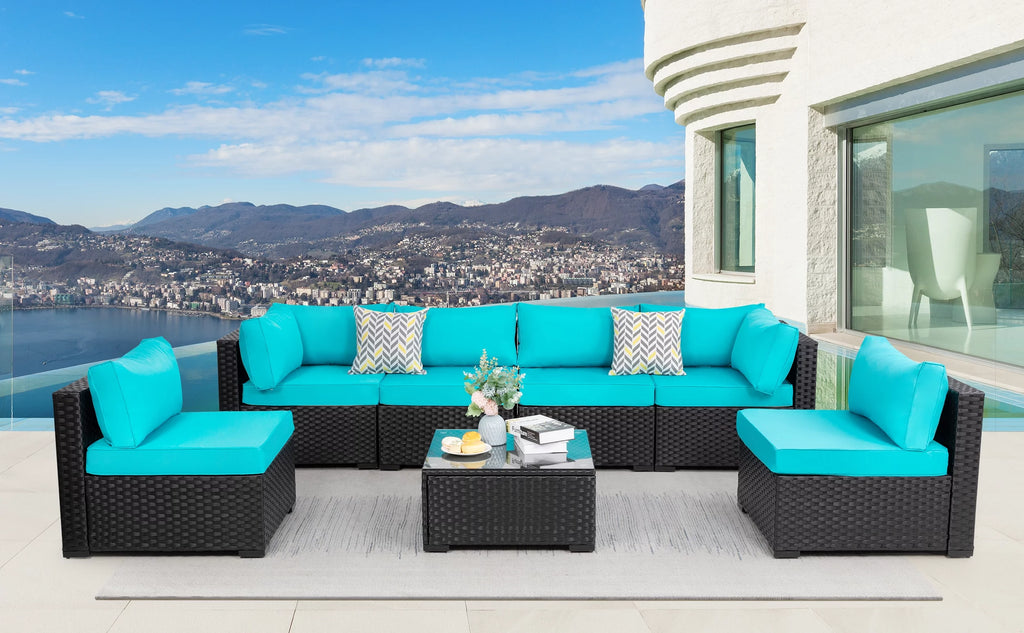 7 Pieces Black Wicker Outdoor Sectional Sofa Set J971281