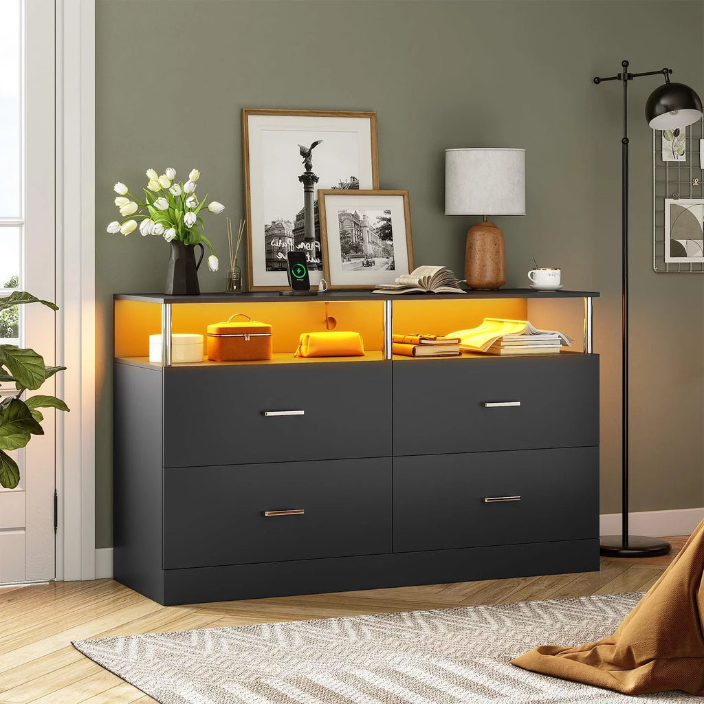 Black 6 Drawer Dresser with Charging Station and LED Light I969804