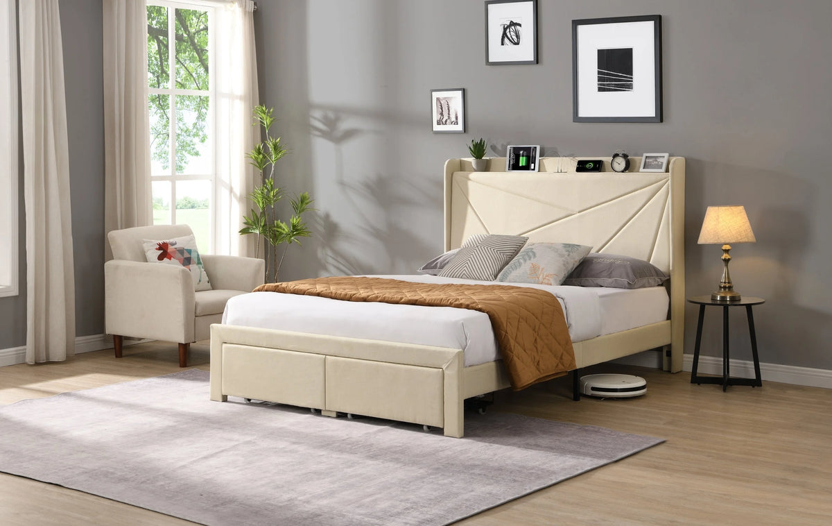 Beige Full Size Bed Frame with 2 Storage Drawers M3065