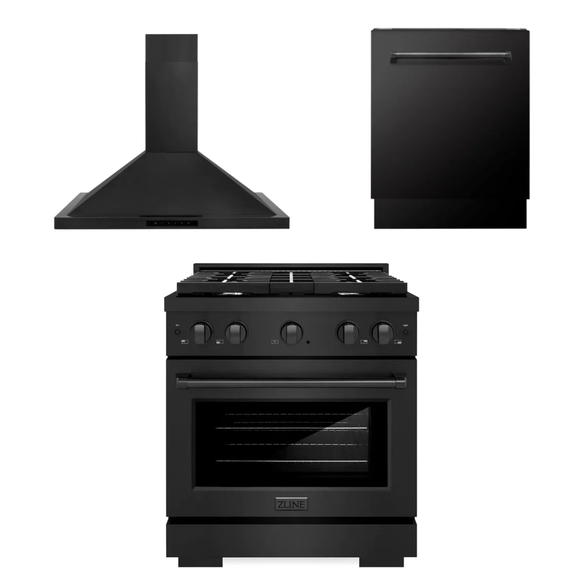 30 In. Gas Range, Range Hood, Dishwasher Black Stainless Steel P9106
