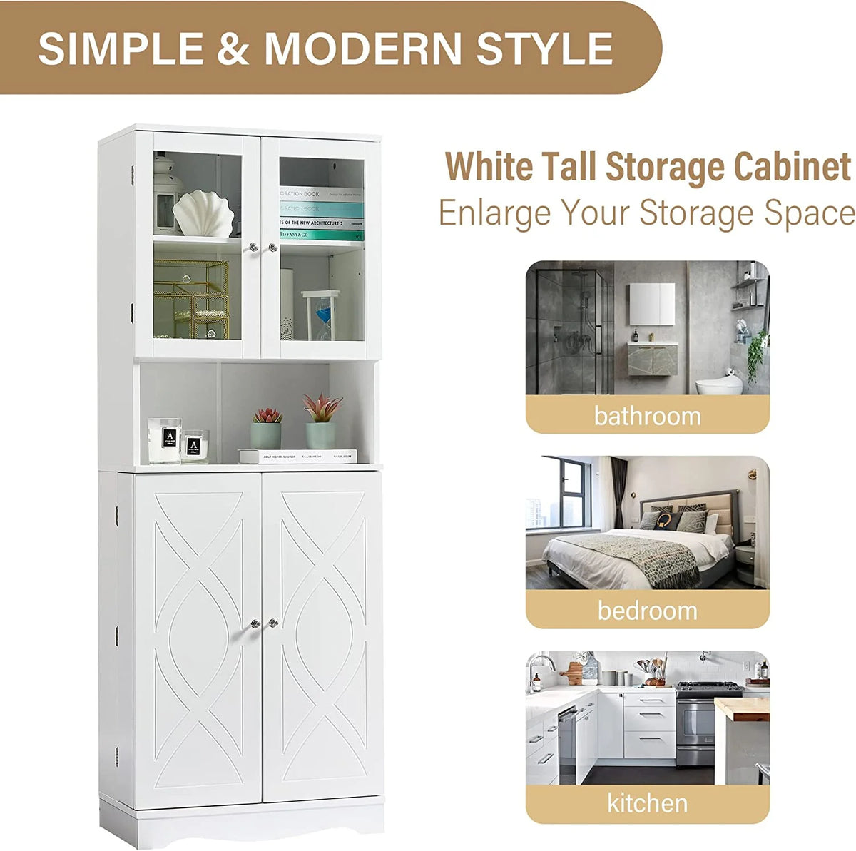 White Bathroom Storage Cabinet with Glass Doors and Adjustable Shelves D392