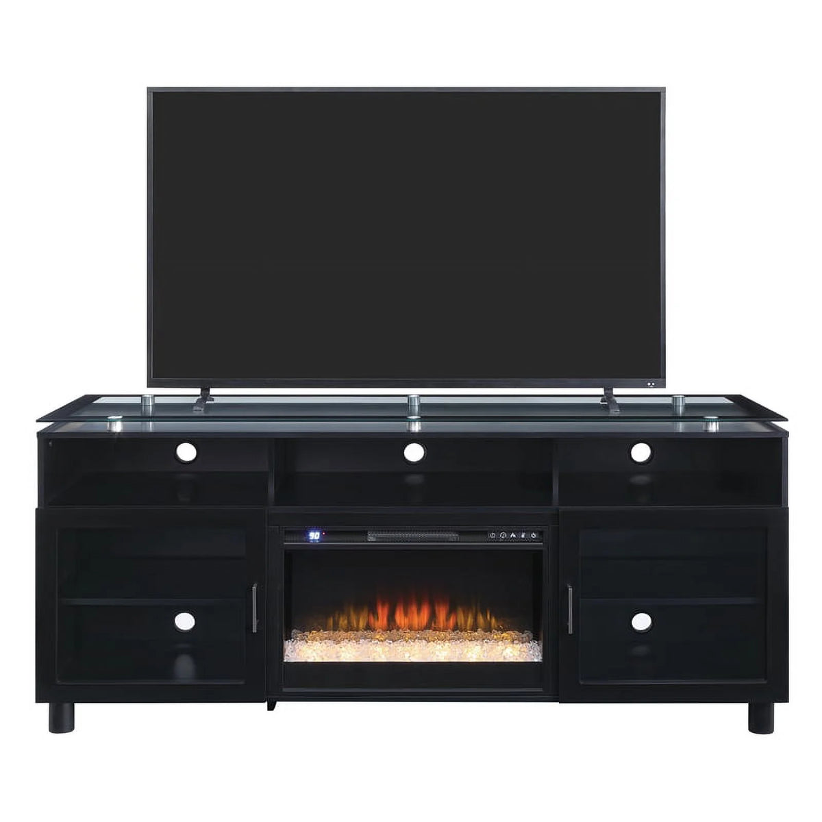 72" Black Engineered Wood TV Stand with Tempered Glass R15181
