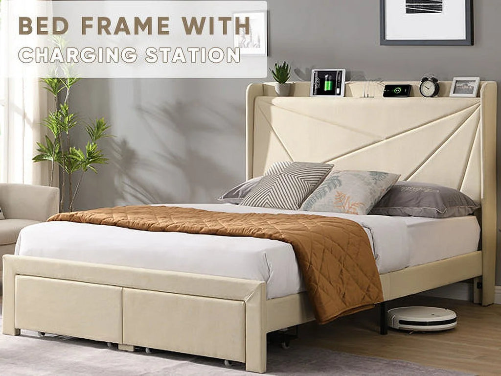 Beige Full Size Bed Frame with 2 Storage Drawers M3065