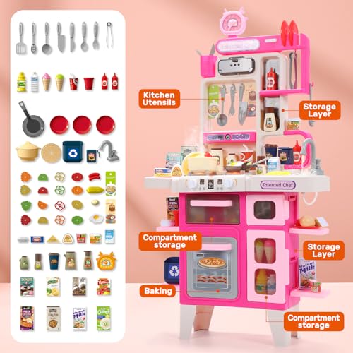Pink Kids Play Kitchen Set with Sound & Light E9130