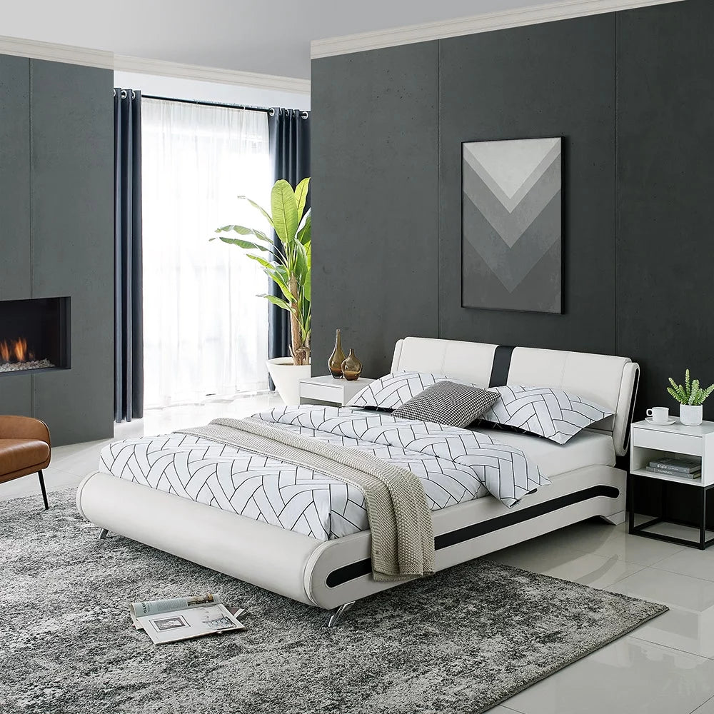 Queen White Platform Bedroom Set with Striped Headboard J4045