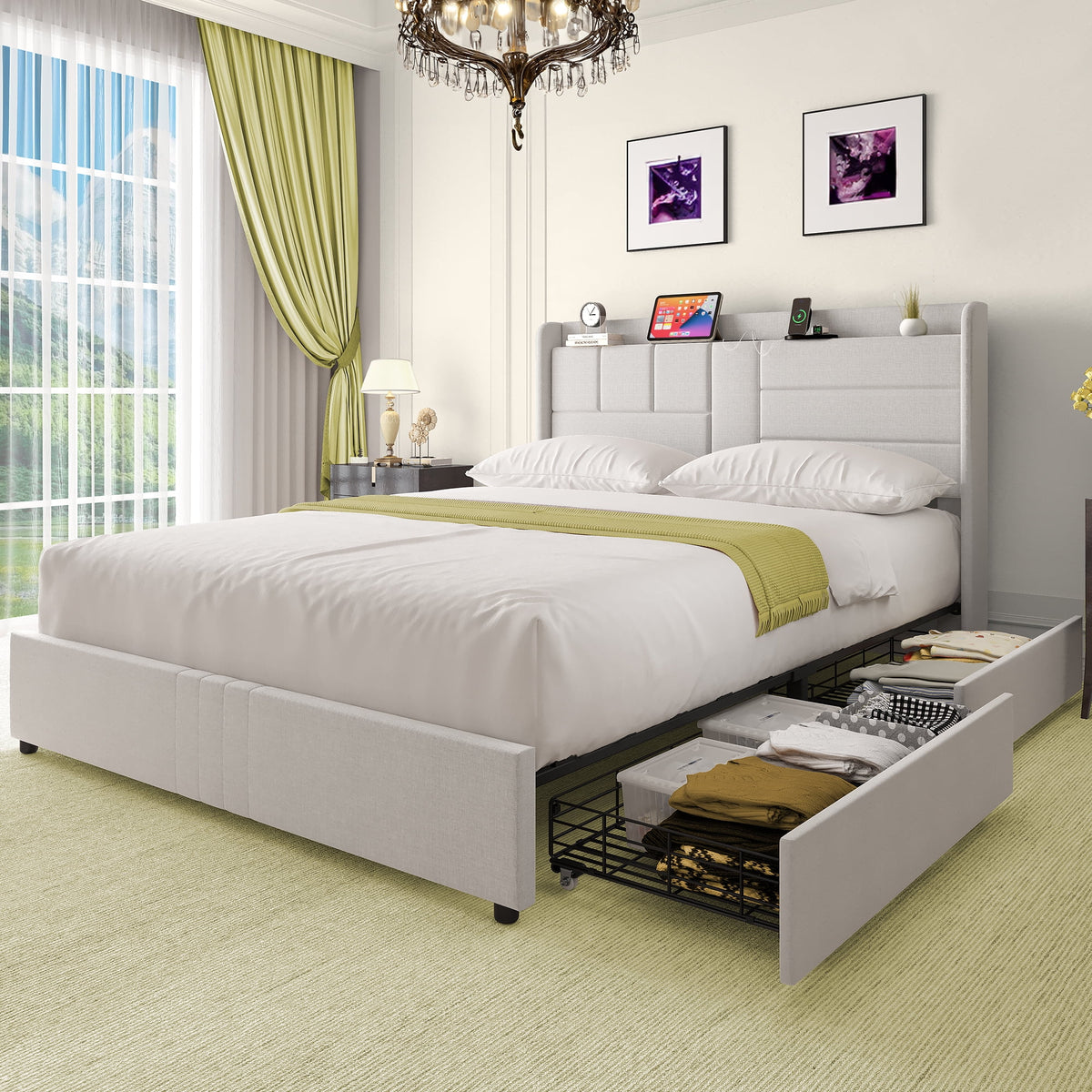 Queen Size Upholstered Platform Bed with Storage Drawers P69090