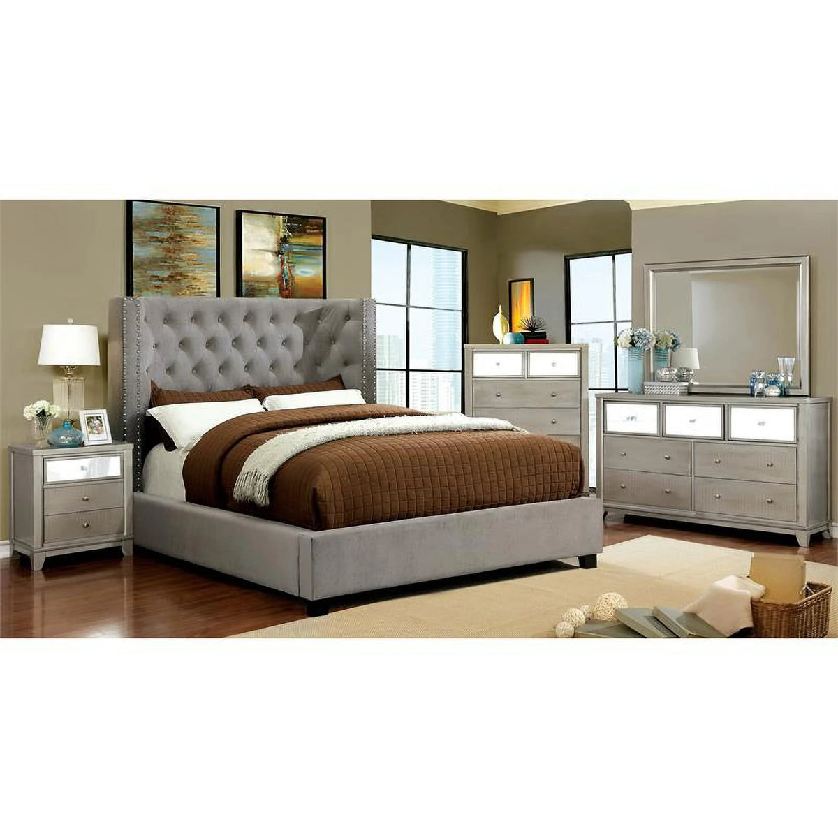Gray Fabric Wingback California King Bed T7303