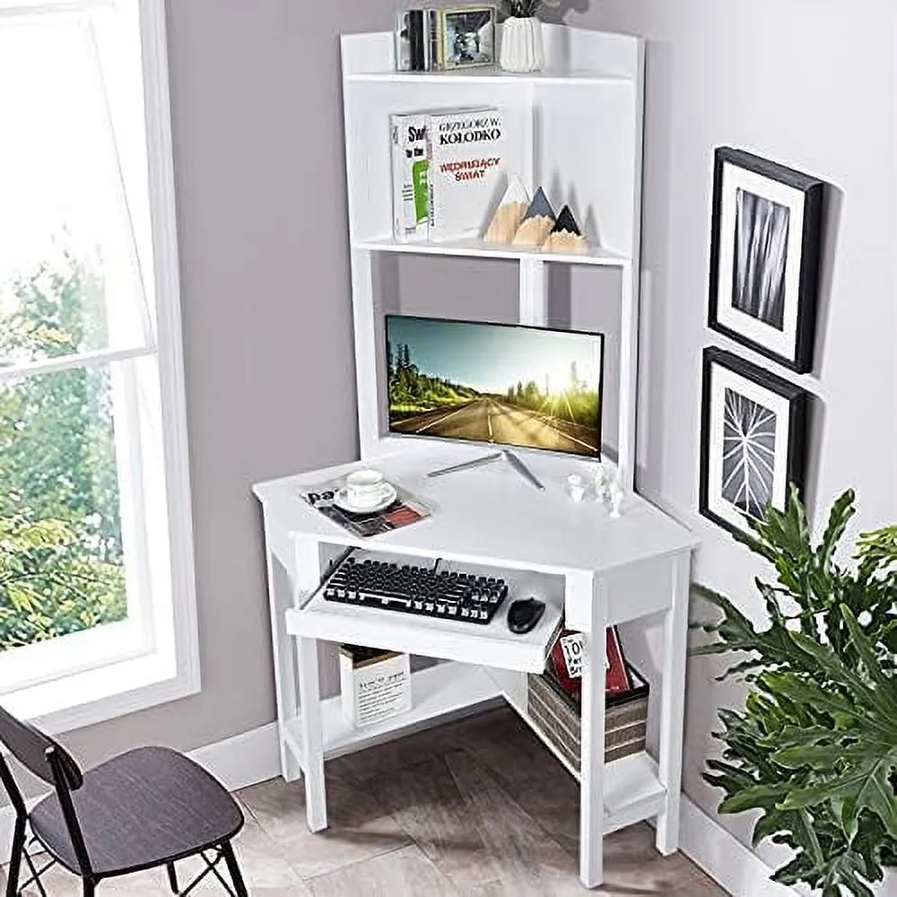 White Corner Computer Desk with Hutch and Shelves V926