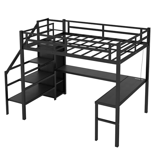 Full XL Size Black Metal Loft Bed with L-Shaped Desk and Stairs Z400612