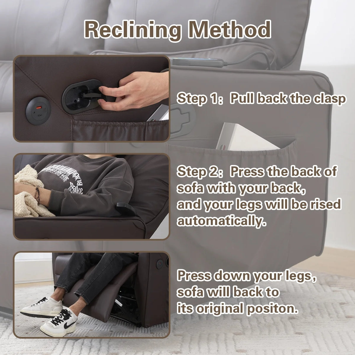 Brown 3 Seater Power Recliner with Massage and Heat I3282