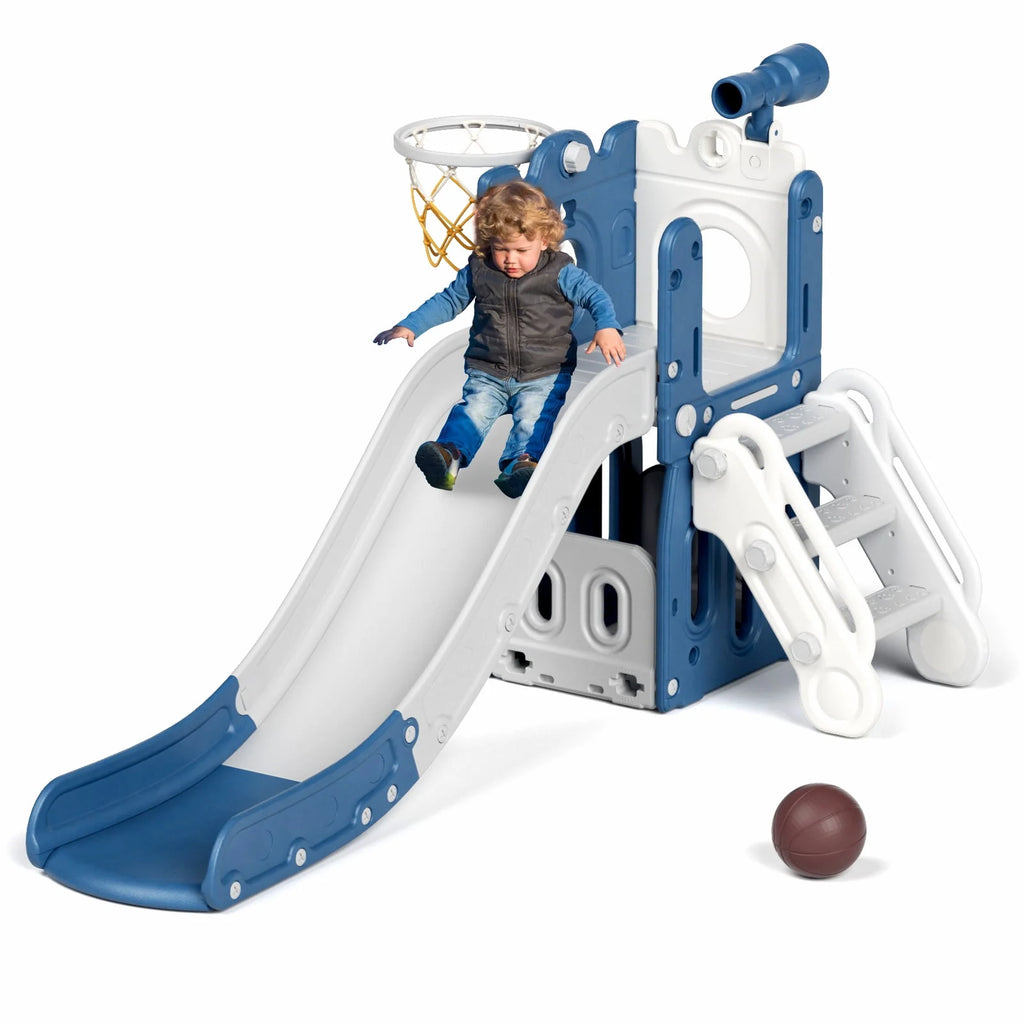Blue Toddler Slide and Climber Set with Basketball Hoop O228